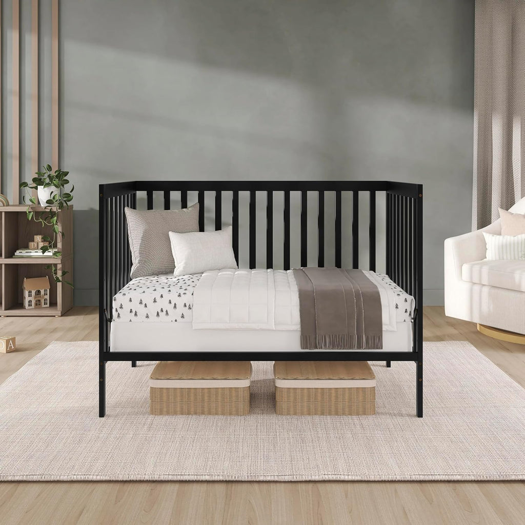 Dream On Me Synergy 5-in-1 Convertible Full-Size Baby Crib with Toddler, Day & Full Bed Conversion in Black, GreenGuard Gold & BSA, 3 Mattress Heights, Sustainable Pinewood