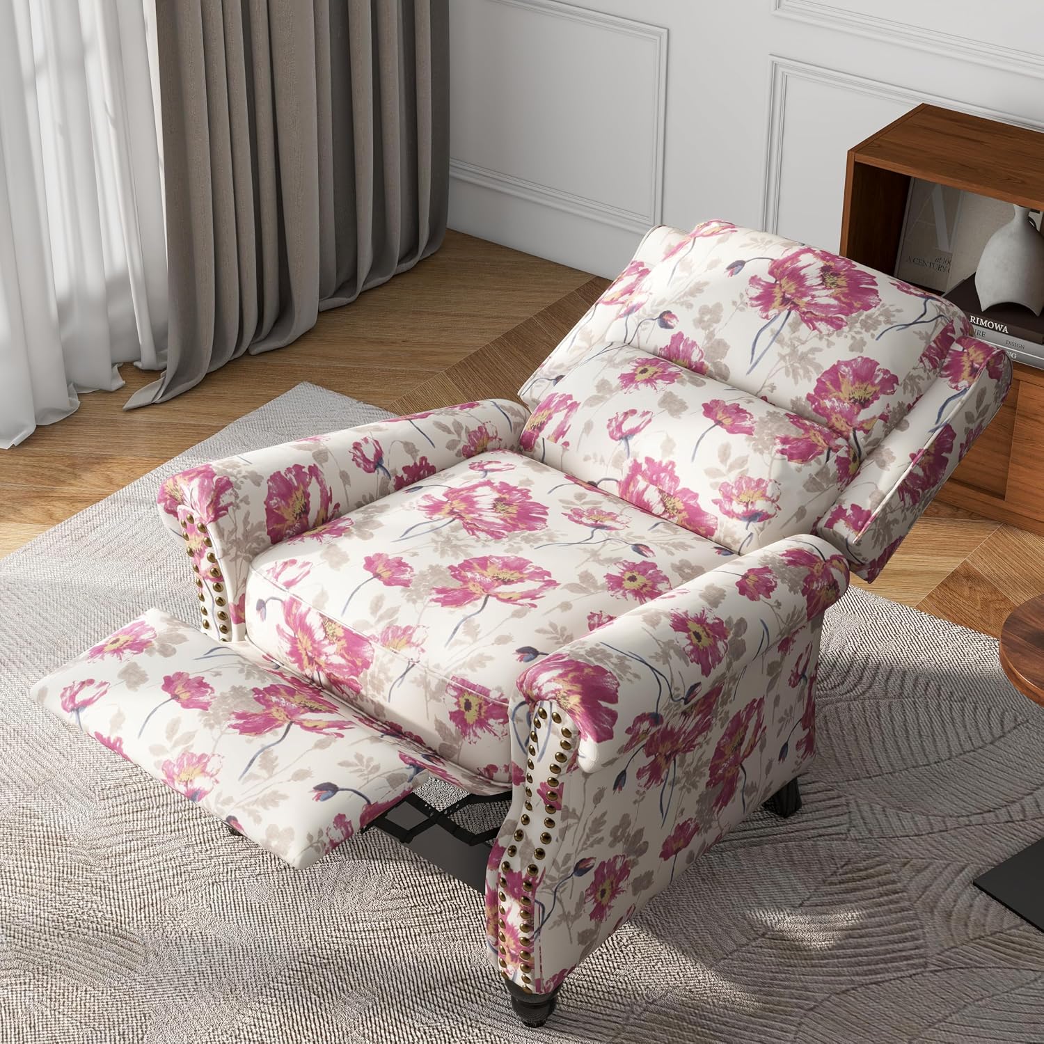 Pushback Recliner Chair, Fabric Armchair Push Back Accent Chair, Rivet Trim Club Chair Home Theater Overstuffed Single Sofa Reading Seat for Living Room, Pattern