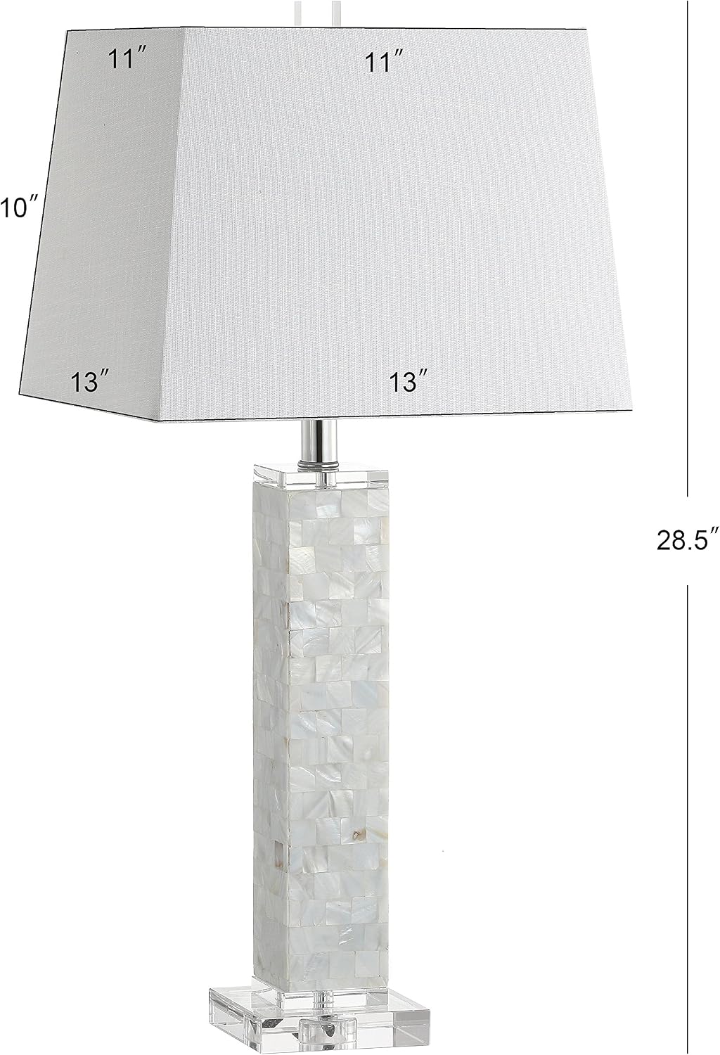 JONATHAN Y 28.5' White Mother-of-Pearl Seashell LED Table Lamp Set of 2, Coastal Contemporary Mosaic Pillar for Living Room, Crystal Base, White Linen Shade, LED Bulbs Included JYL1053A-SET2
