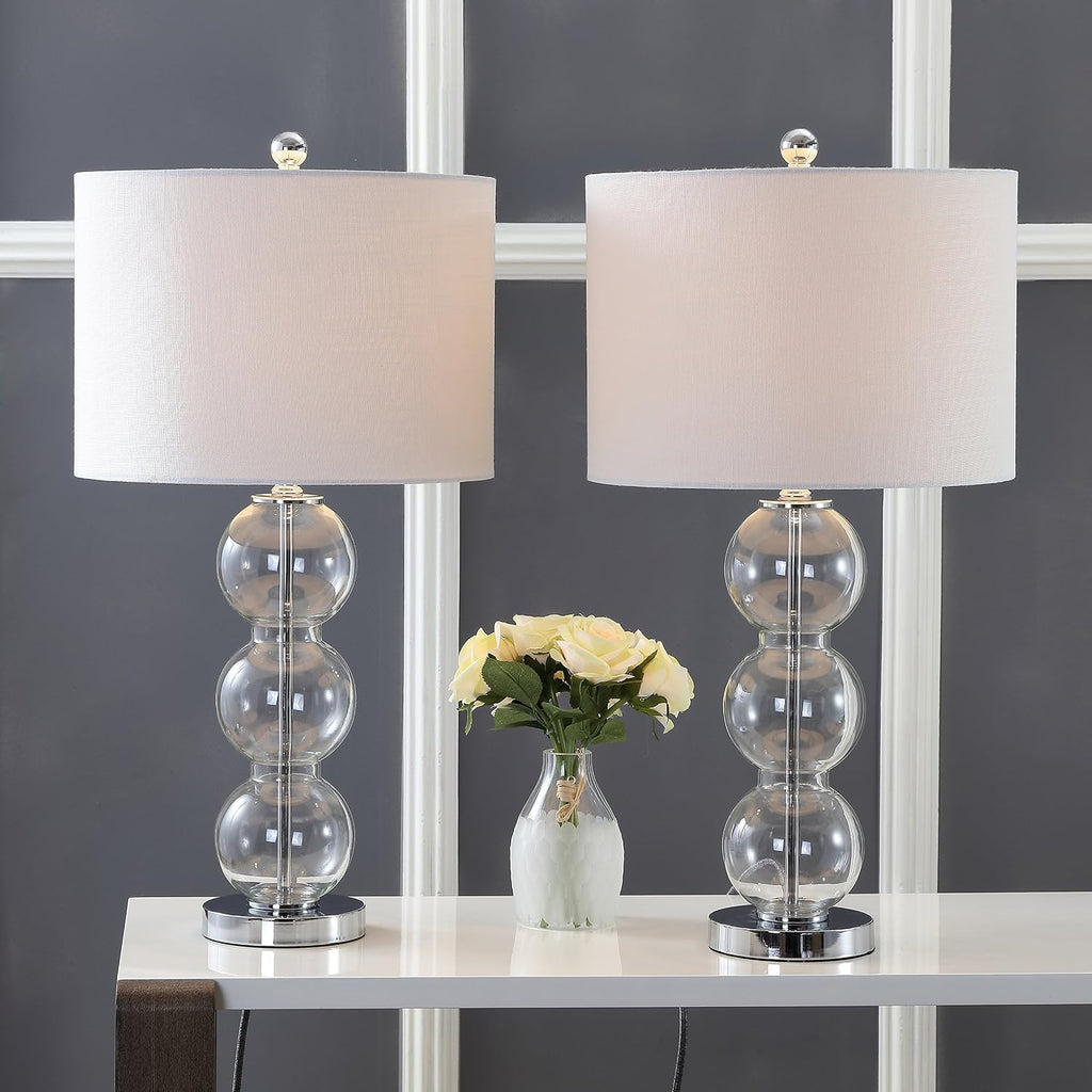 JONATHAN Y 27' Clear/Chrome Triple-Sphere Glass Table Lamp Set of 2, Bedside, White Linen Shade, Modern Table Lamps for Living Room, Bedroom, Office, LED Bulbs Included (JYL1070D-SET2)