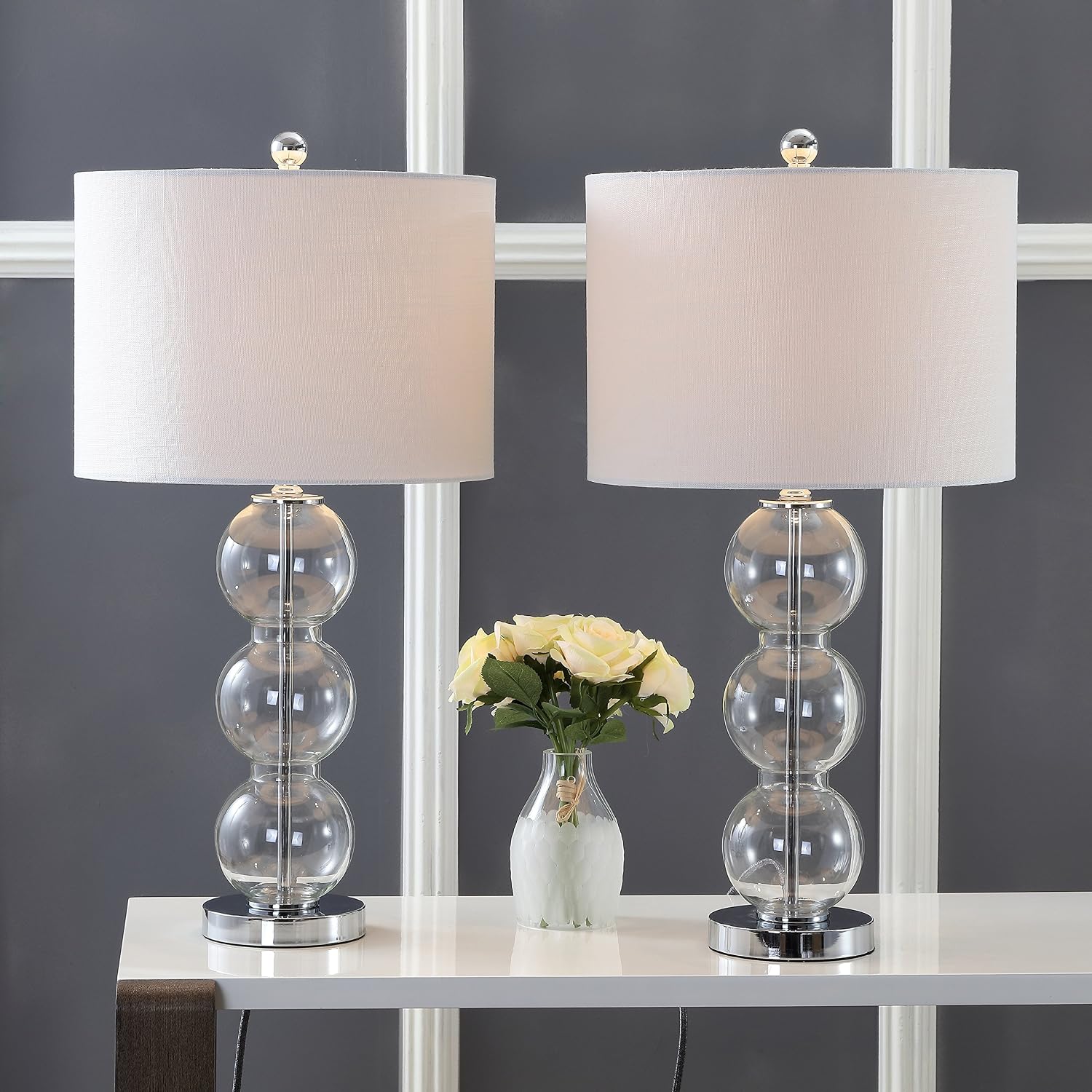 JONATHAN Y 27' Clear/Chrome Triple-Sphere Glass Table Lamp Set of 2, Bedside, White Linen Shade, Modern Table Lamps for Living Room, Bedroom, Office, LED Bulbs Included (JYL1070D-SET2)
