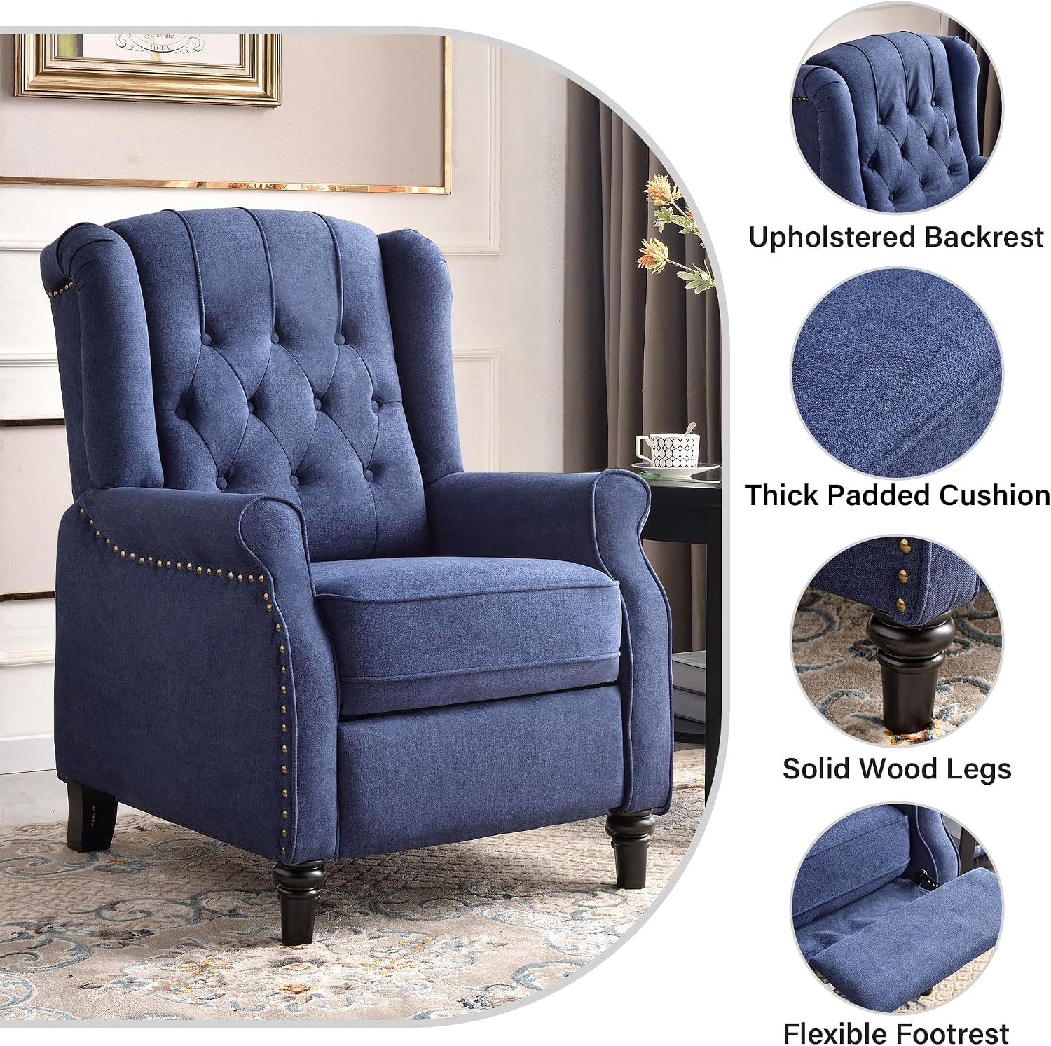 Bonzy Home Wingback Pushback Recliner Chair, High Back Upholstered Armchair with Solid Wood Legs, Rivet Decoration, Blue