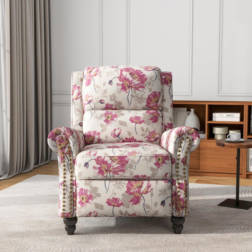 Pushback Recliner Chair, Fabric Armchair Push Back Accent Chair, Rivet Trim Club Chair Home Theater Overstuffed Single Sofa Reading Seat for Living Room, Pattern