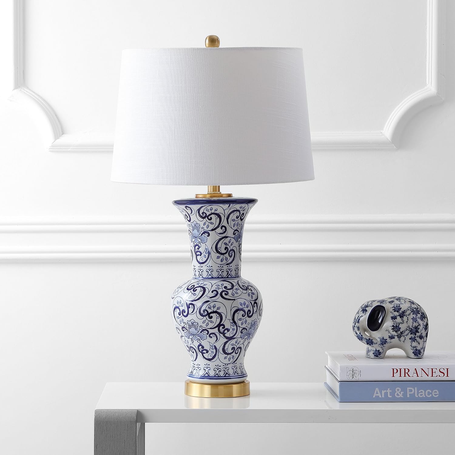 JONATHAN Y 28.5' Blue/White Chinoiserie Ceramic LED Table Lamp, Traditional Hand-Painted Floral Vase Lamp for Living Room, White Linen Shade, LED Bulb Included JYL5014A