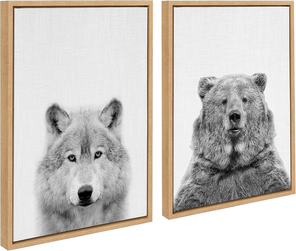 Kate and Laurel Sylvie Wolf and Bear European Framed Canvas Wall Art Set by Simon Te of Tai Prints; 2 piece 18x24 Natural; Modern Nature Animals Art for Wall Home Decor