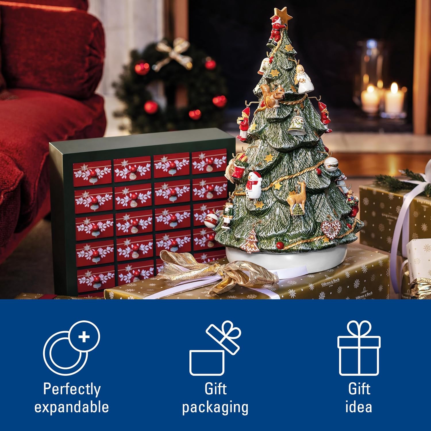 Villeroy & Boch Christmas Memory Advent Calendar Set, Including Tree, 26 Pieces, 43cm, Red