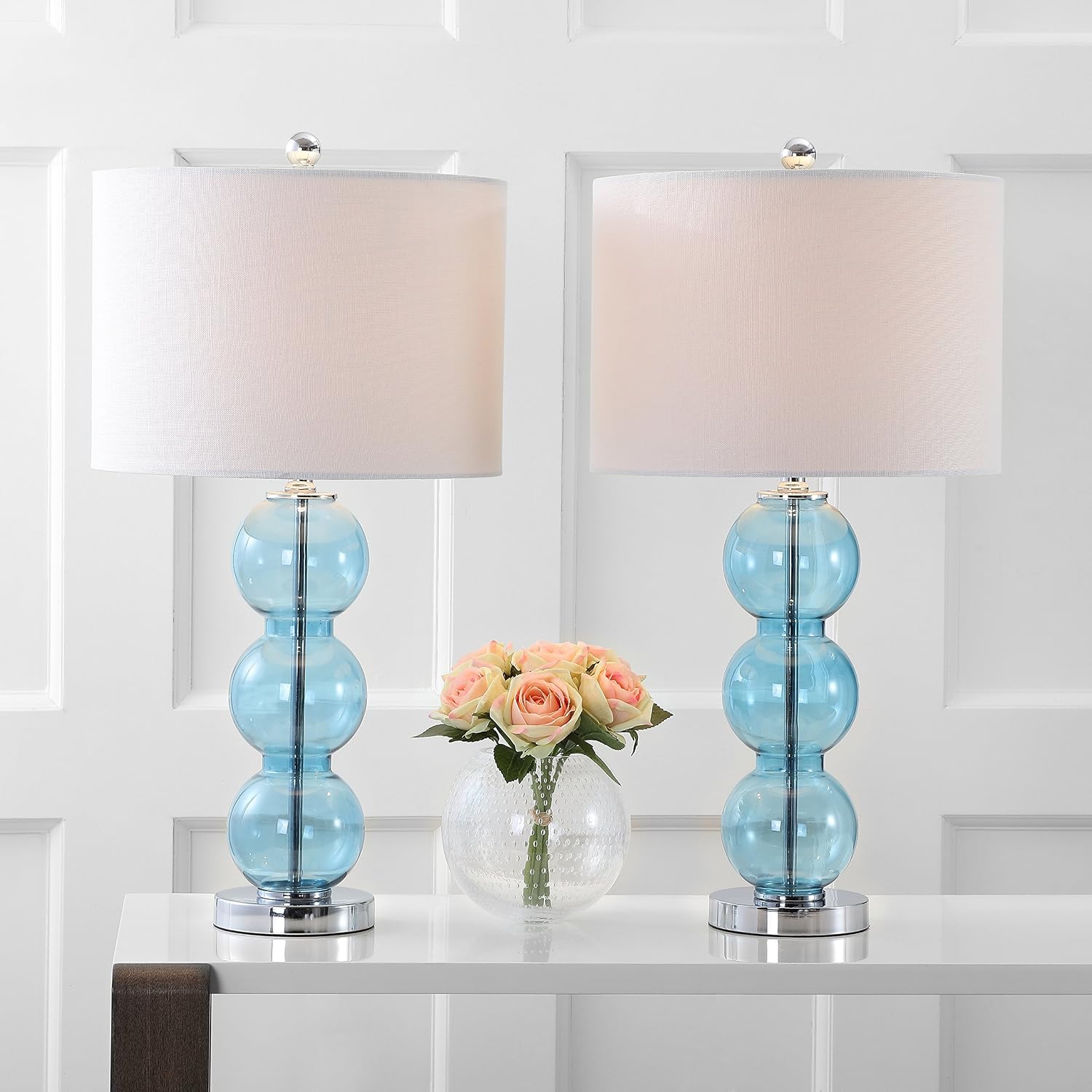 JONATHAN Y 27' Sky Blue/Chrome Triple-Sphere Glass Table Lamp Set of 2, Bedside, White Linen Shade, Modern Table Lamps for Living Room, Bedroom, Office, LED Bulbs Included (JYL1070C-SET2)