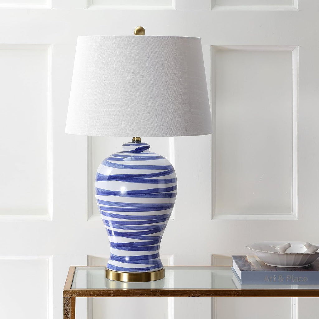 JONATHAN Y 29' Blue/White Ceramic Table Lamp for Living Room Bedroom Office, Modern Coastal Bedside Lamp with White Linen Shade, Traditional Nightstand Lamp, LED Bulb JYL3016A
