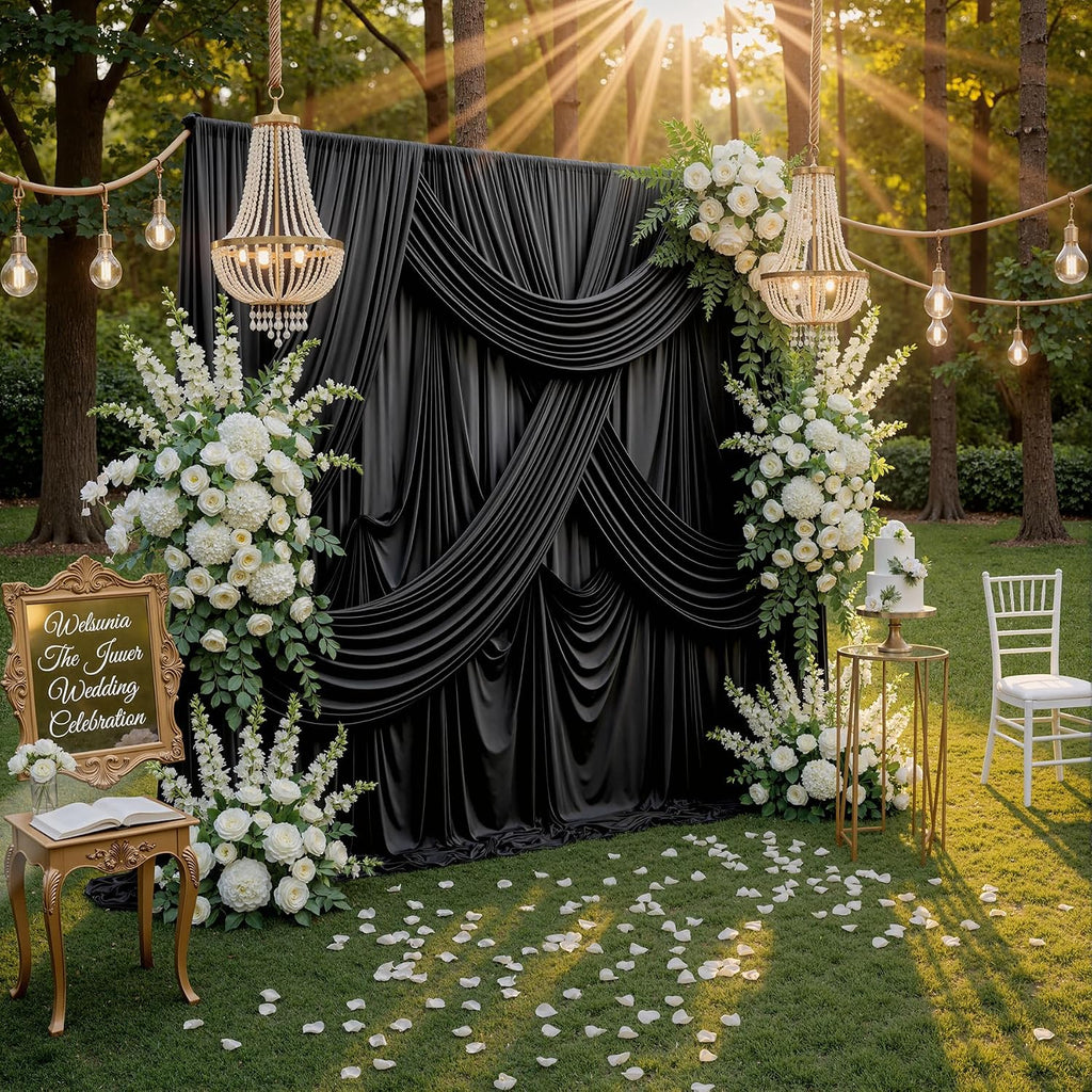 Black Backdrop Curtain for Parties, 10 Panels Wrinkle Free Polyester Photo Backdrop Drapes for Weddings Birthday Anniversary Graduation Stage Photography Background Curtains Bulk, 50 ft x 10 ft