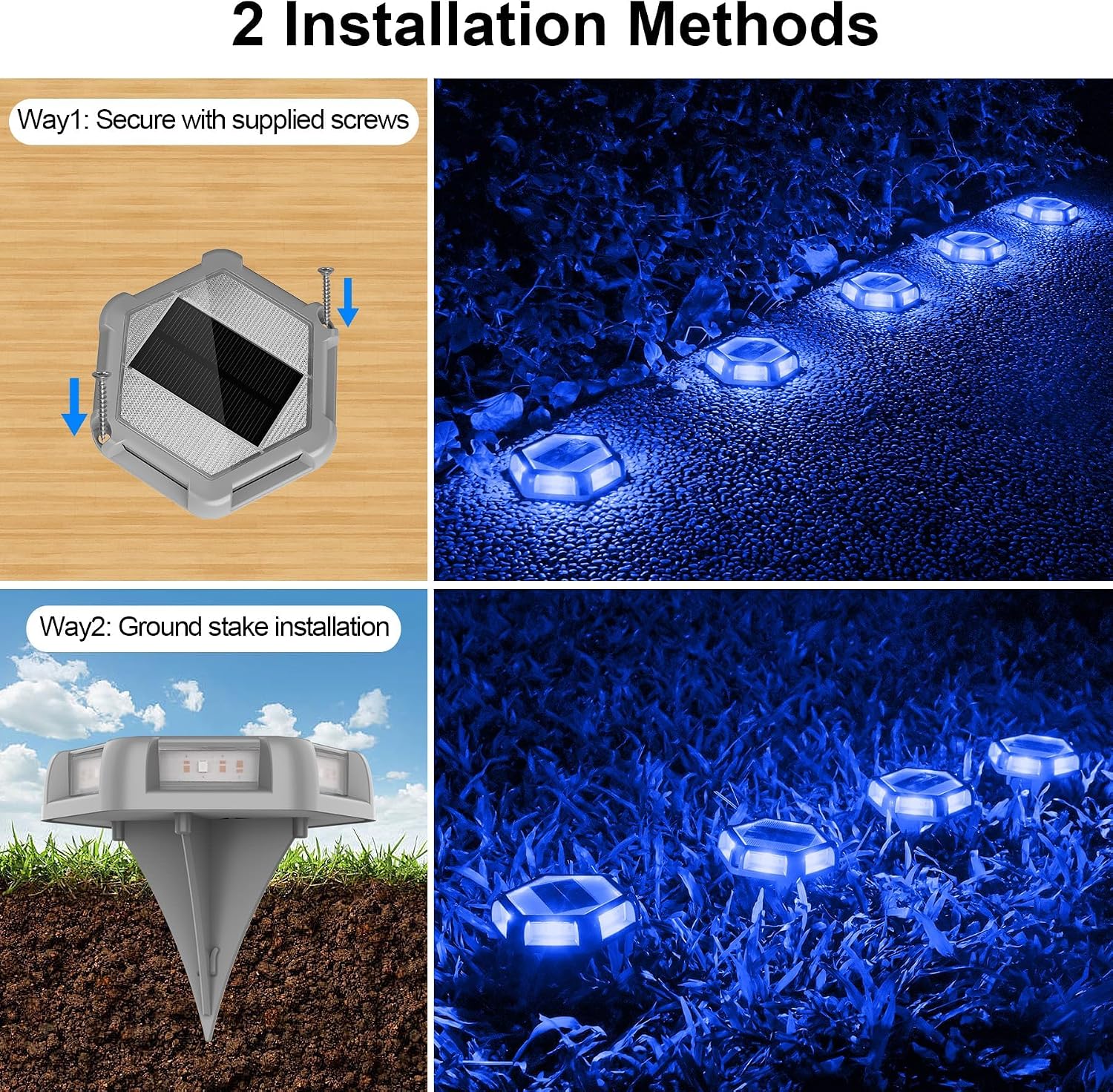 Solar Dock Lights Driveway Deck Lights - 24 Packs Waterproof Outdoor LED Aluminum Dock Lighting Warning Step Light for Driveway Sidewalk Garden Pathway Yard (Blue)