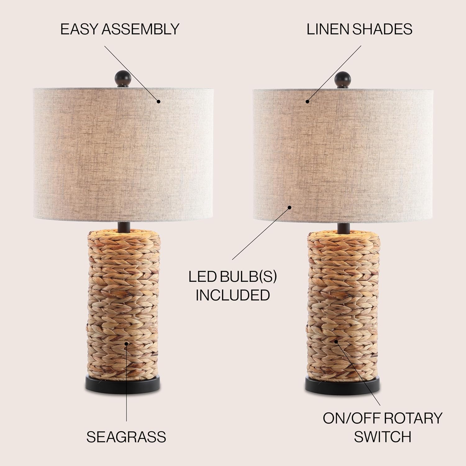 JONATHAN Y 25' Natural Coastal Water Hyacinth Table Lamp Set of 2, Bedside Lamp with Light Grey Linen Shade, Boho Farmhouse Decor for Living Room Nightstand, LED Bulbs JYL6502A-SET2