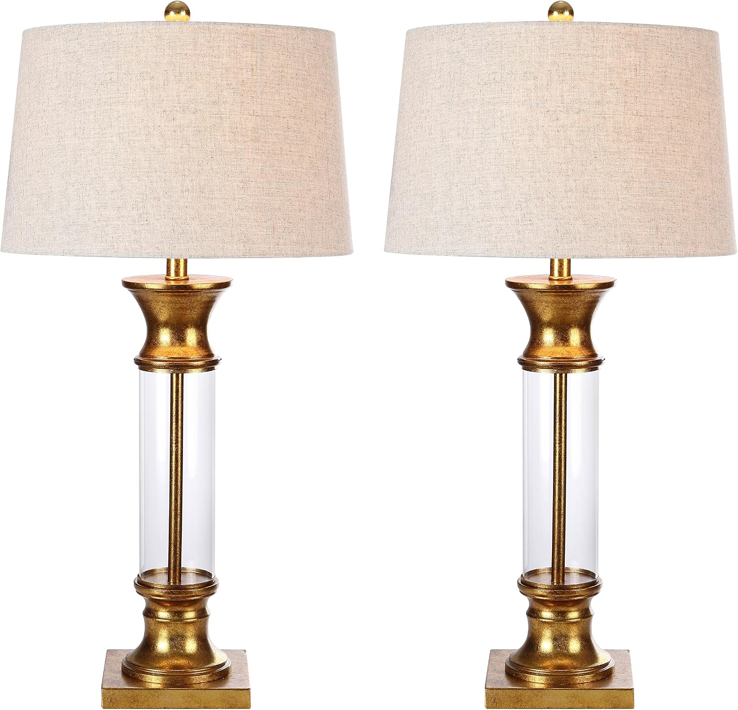 JONATHAN Y 32' Gold/Clear Glass Table Lamp Set of 2 for Living Room, Rustic Farmhouse Bedside Nightstand Lamps with Gray Linen Drum Shade, LED Bulbs Included (JYL4000B-SET2)