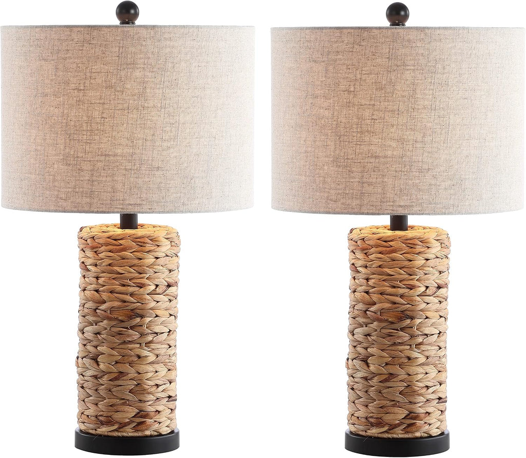 JONATHAN Y 25' Natural Coastal Water Hyacinth Table Lamp Set of 2, Bedside Lamp with Light Grey Linen Shade, Boho Farmhouse Decor for Living Room Nightstand, LED Bulbs JYL6502A-SET2