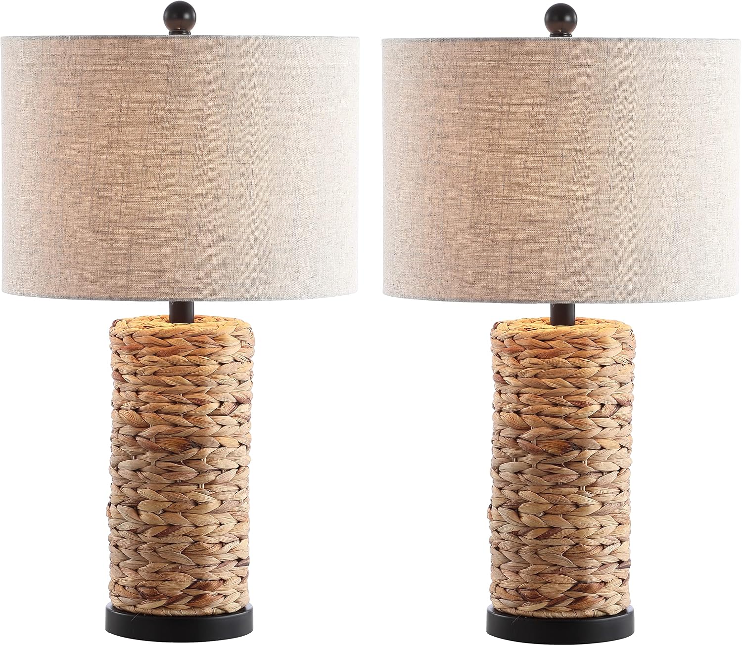 JONATHAN Y 25' Natural Coastal Water Hyacinth Table Lamp Set of 2, Bedside Lamp with Light Grey Linen Shade, Boho Farmhouse Decor for Living Room Nightstand, LED Bulbs JYL6502A-SET2