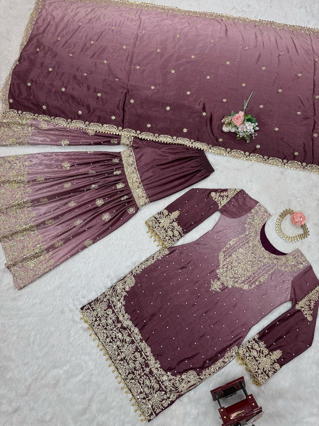Indian Women's Chinon Silk Fabric Codeing Dori Sequnce Rivet Moti Work Suit 12236