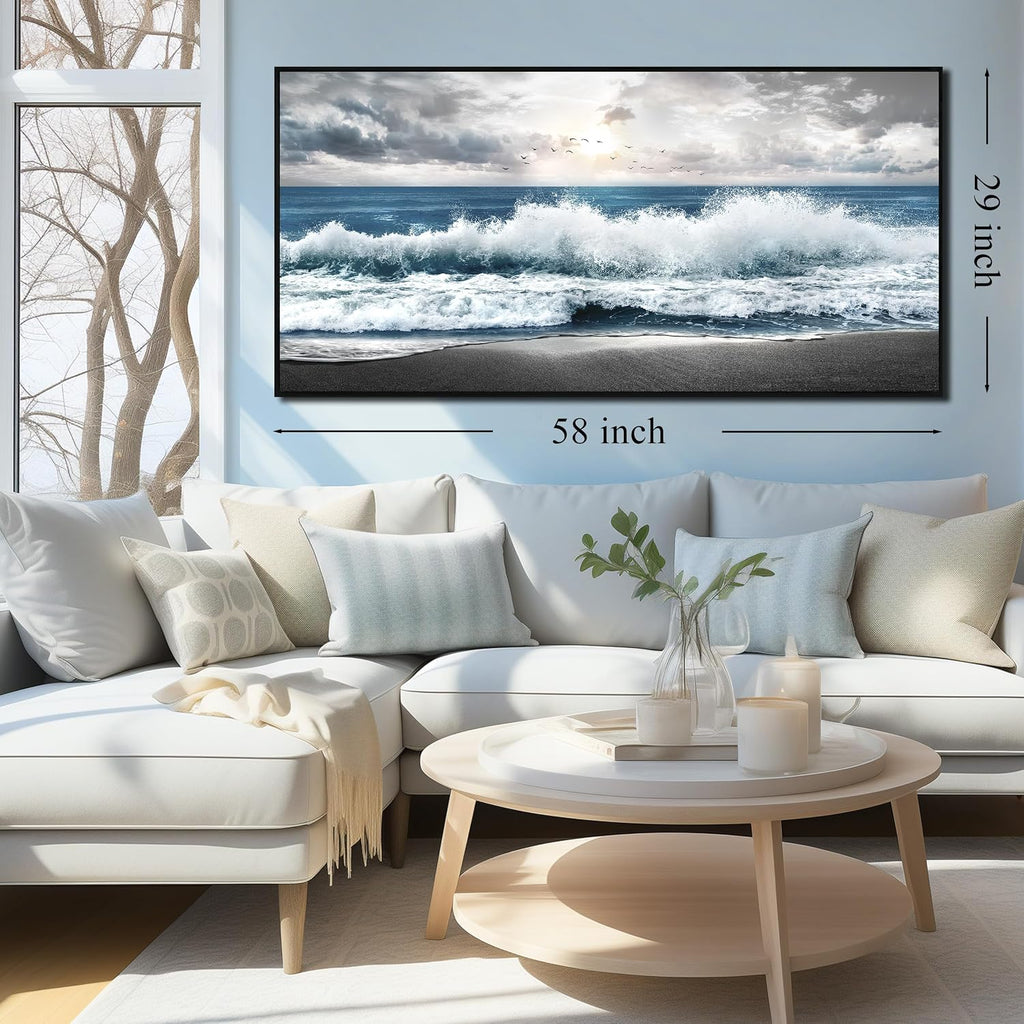 Beach Themed Wall Decor For Living Room Blue Wall Art For Office Ocean Pictures For Wall Modern Framed Wall Canvas 29 x 58 Inch
