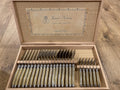 Set of 24 Flatware with Platine Pale Horn Handles, 6 Forks, 6 Knives, 6 Teaspoons and 6 Tablespoons. In Wooden Gift Box