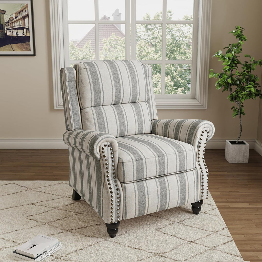 Pushback Recliner Chair, Comfy Fabric Wingback Recliner Chair, Upholstered Armchair Push Back Recliner with Wood Legs, Rivet Trim Single Sofa Accent Chair for Living Room, Bedroom, Gray Stripe