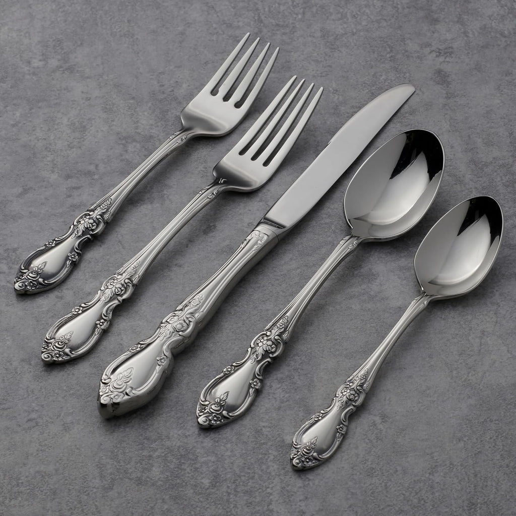 Oneida Silverware Set For 8 with Serving Utensils, Louisiana 45-Piece Fine Flatware Set, Service For 8, 18/8 Stainless Steel, Mirror, Knives Spoons Forks Serving Spoons,Dishwasher Safe(Silver 45 Piece