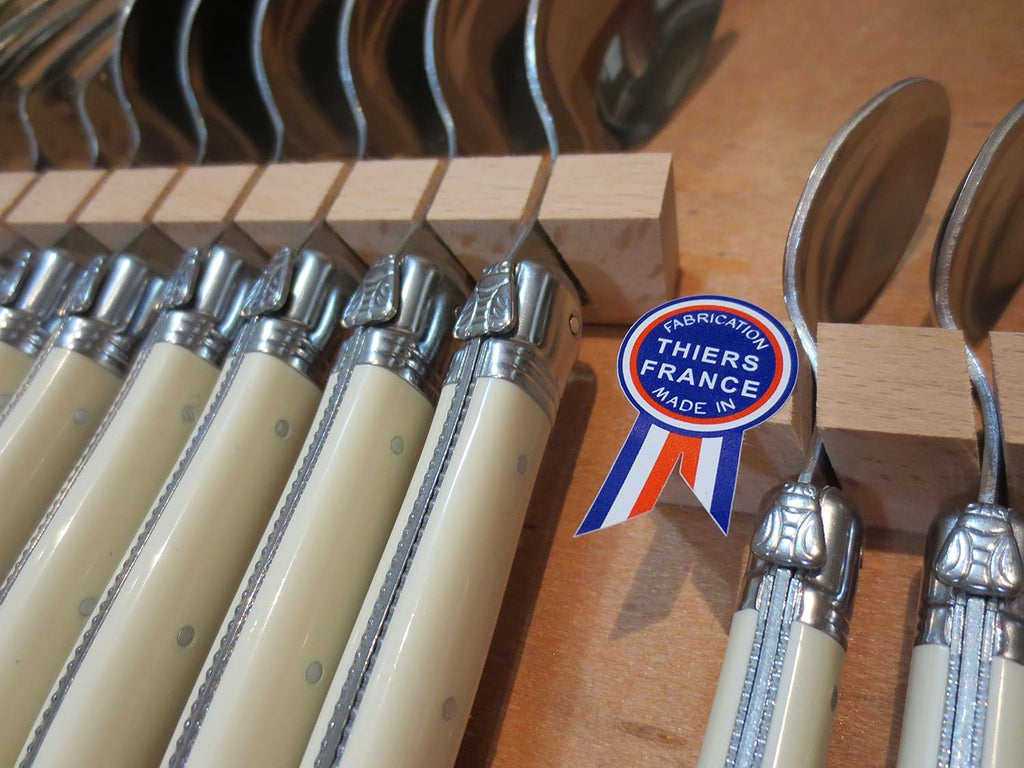 Set of 24 Flatware with Ivory Platine Handles, 6 Forks, 6 Knives, 6 Teaspoons and 6 Tablespoons. In Wooden Box