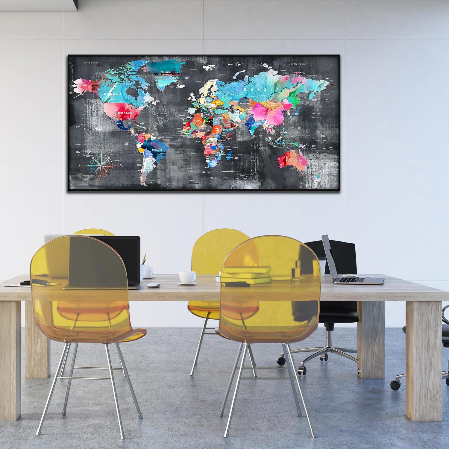 ZHAOSHOP World Map Canvas Wall Art with Frame - Office Artwork Wall Decor - Teal and Gray Wall Art for Living Room Large Size Ready to Hang Size 29' x 59'