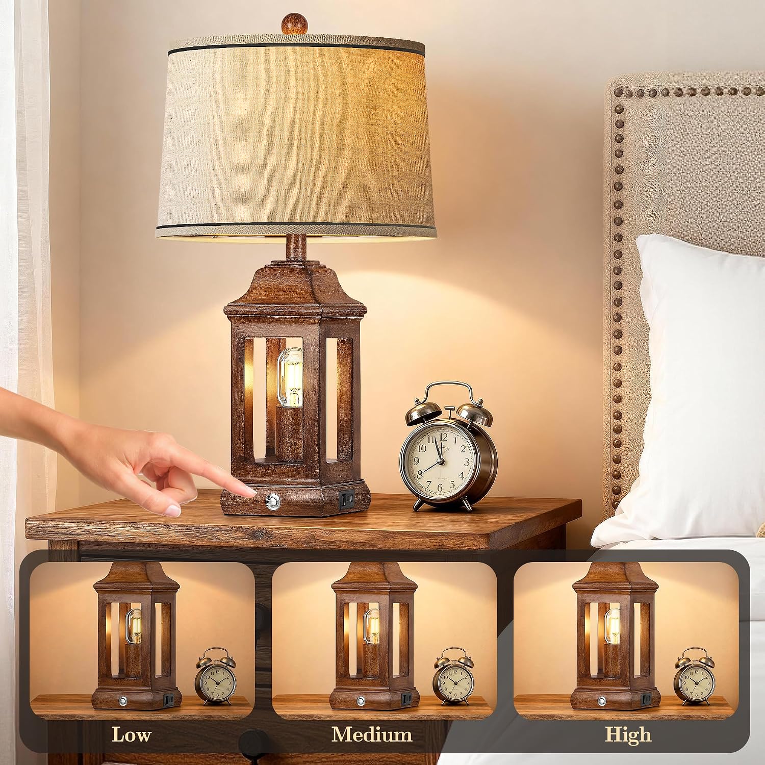 24' Rustic Farmhouse Table Lamps for Living Room Set of 2, Touch Dimmable Nightlight Vintage Bedside Lamps with USB A+C Ports & Dual Light Sources for Bedroom Nightstand End Table, Wood Grain