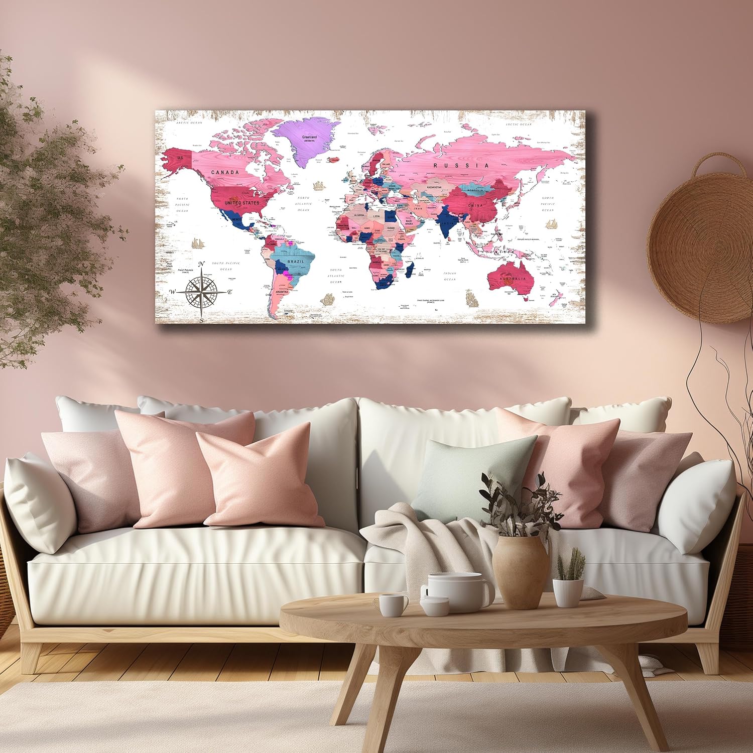 ZHAOSHOP Large World Map Canvas Wall-Art - Wall Decor For Girls Bedroom - Pink pictures Wall Decor Ready To Hang Size 59' x 29'