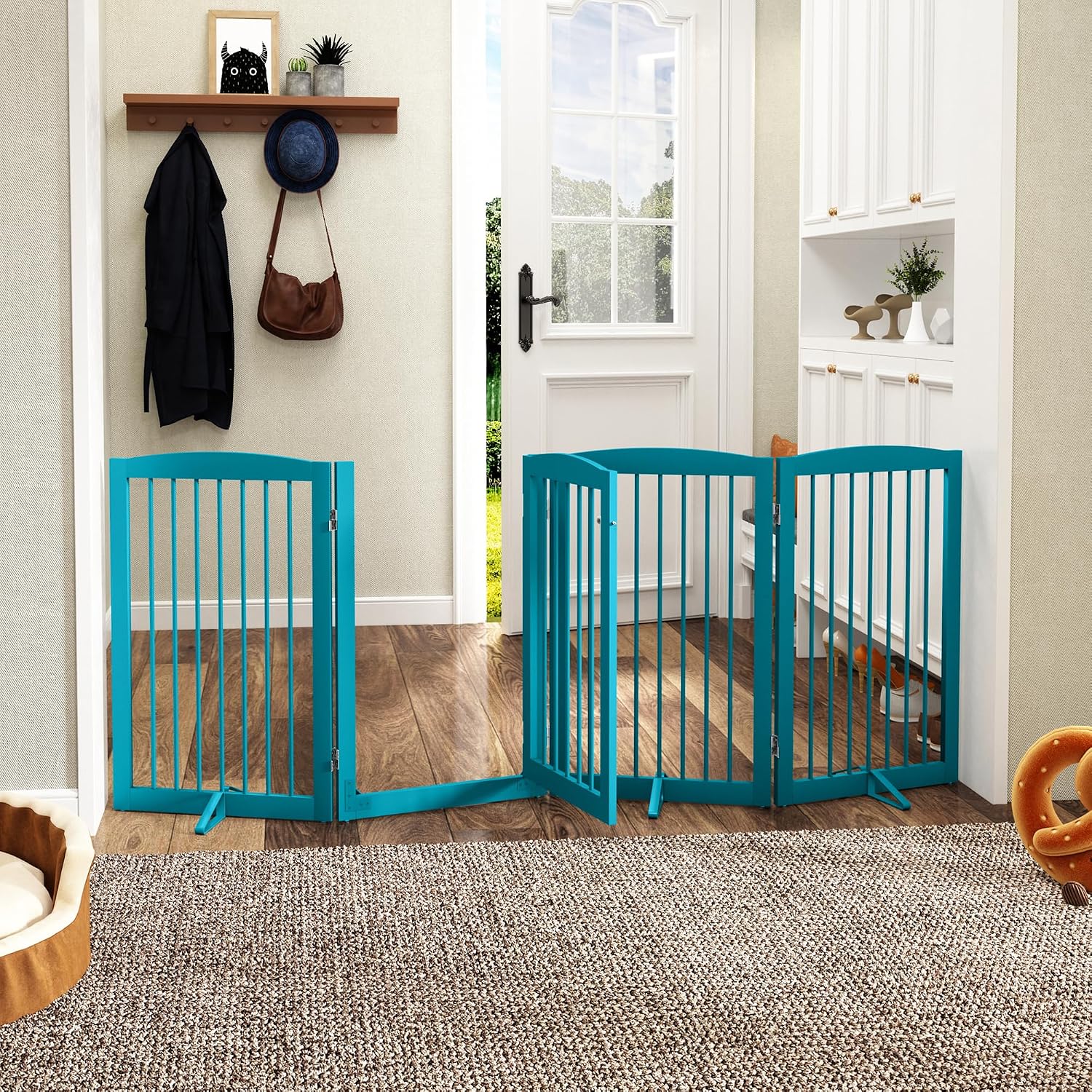 PUPETPO Freestanding Dog Gates with Door Walk Through, Pet Gate for Stairs, 80 inch Wide Gates Indoor, Dog Fences Indoor, Support Feet Included, 4 Panels, 32' Tall, Blue