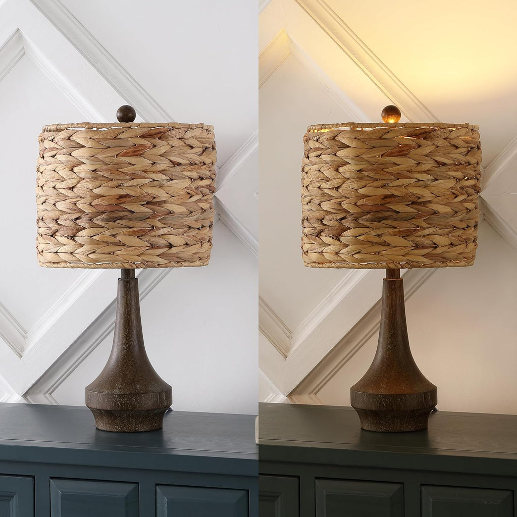 JONATHAN Y 21' Brown Wood Finish Resin Gourd Table Lamp Set of 2, Rustic Farmhouse Handwoven Water Hyacinth Shade, Southwestern Bedside Lamp for Bedroom, LED Bulbs Included JYL4051A-SET2