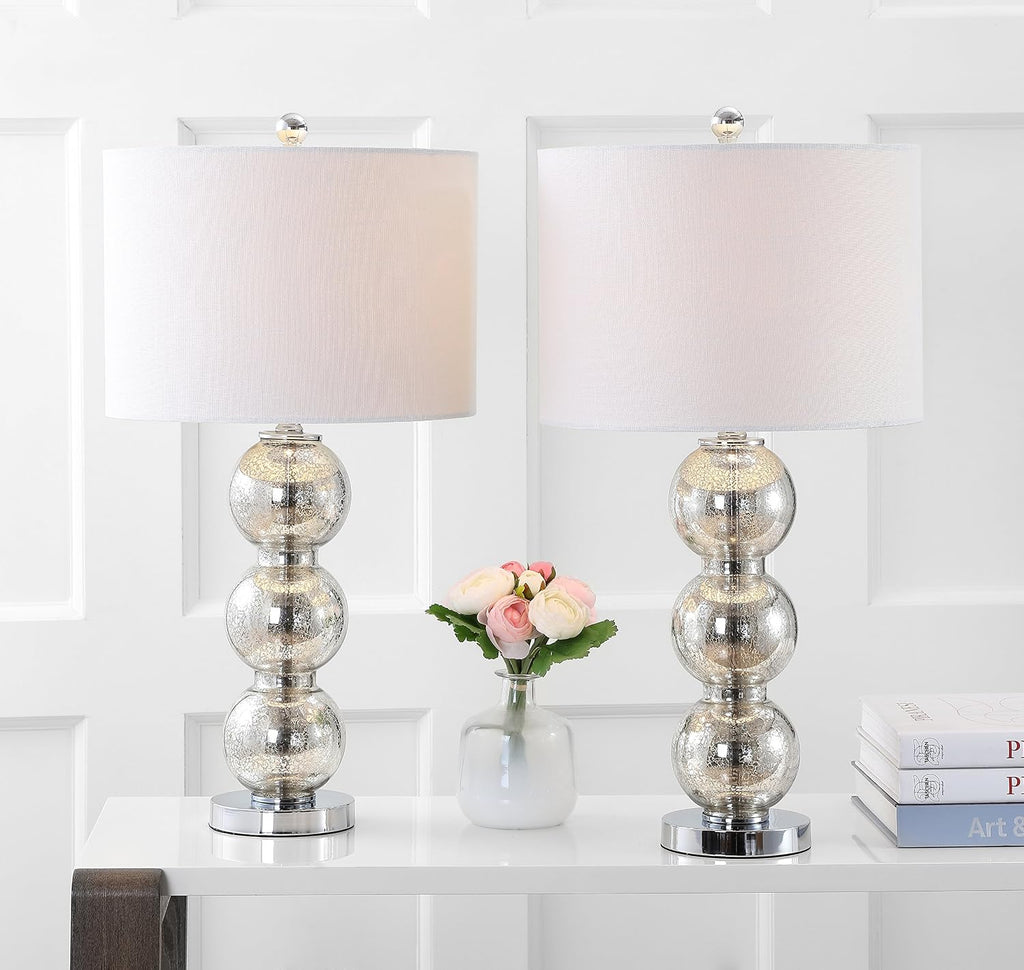 JONATHAN Y 27' Mercury Silver/Chrome Triple-Sphere Glass Table Lamp Set of 2, Bedside, White Linen Shade, Modern Table Lamps for Living Room, Bedroom, Office, LED Bulbs Included (JYL1070B-SET2)