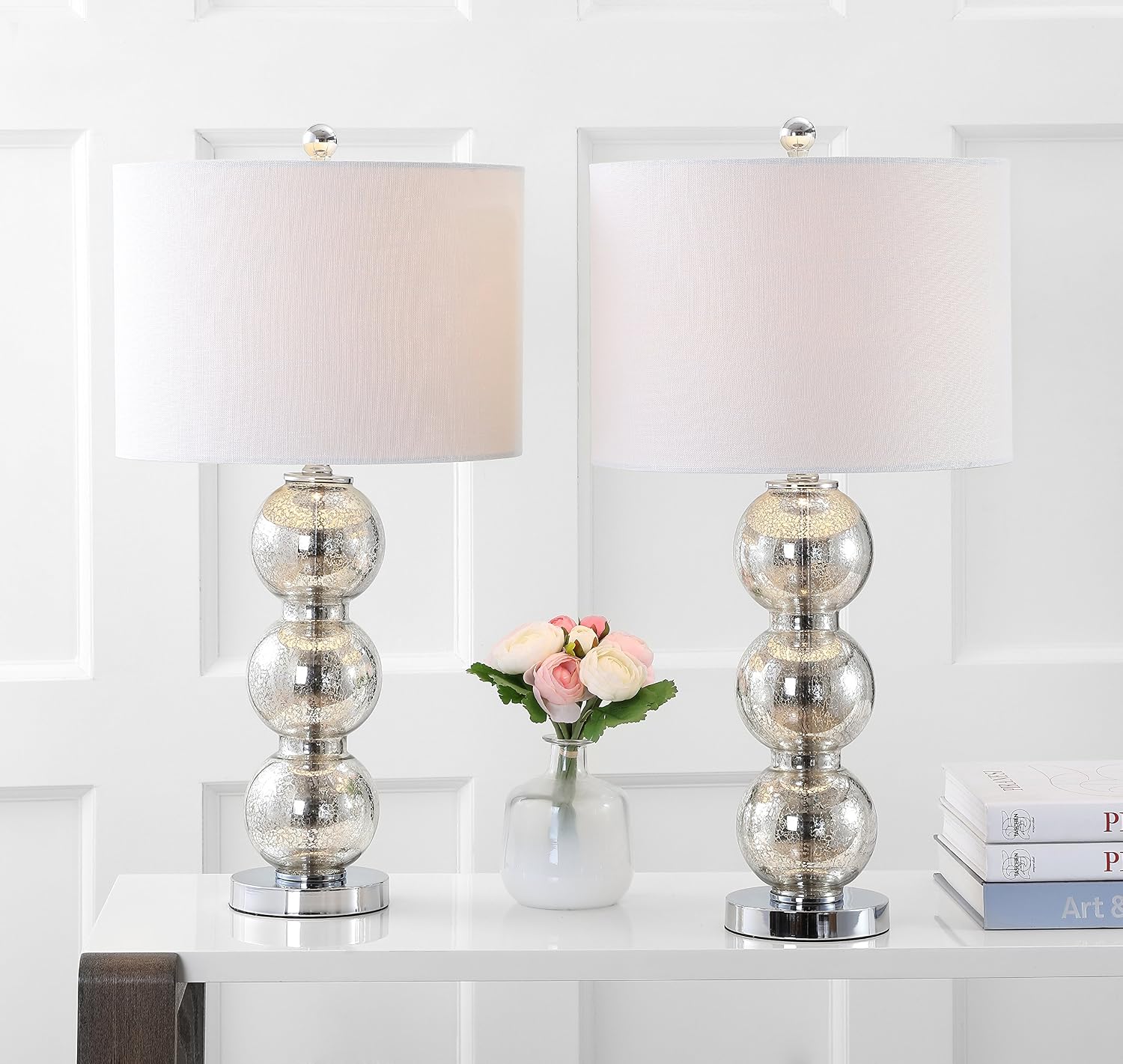 JONATHAN Y 27' Mercury Silver/Chrome Triple-Sphere Glass Table Lamp Set of 2, Bedside, White Linen Shade, Modern Table Lamps for Living Room, Bedroom, Office, LED Bulbs Included (JYL1070B-SET2)