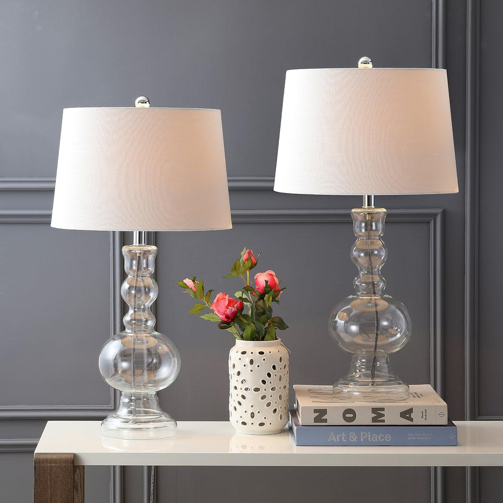 JONATHAN Y 28.5' Clear Glass Table Lamp Set of 2 for Living Room Bedroom Decor, Modern Bedside Lamps with White Linen Shade, LED Bulbs Included (JYL1061B-SET2)