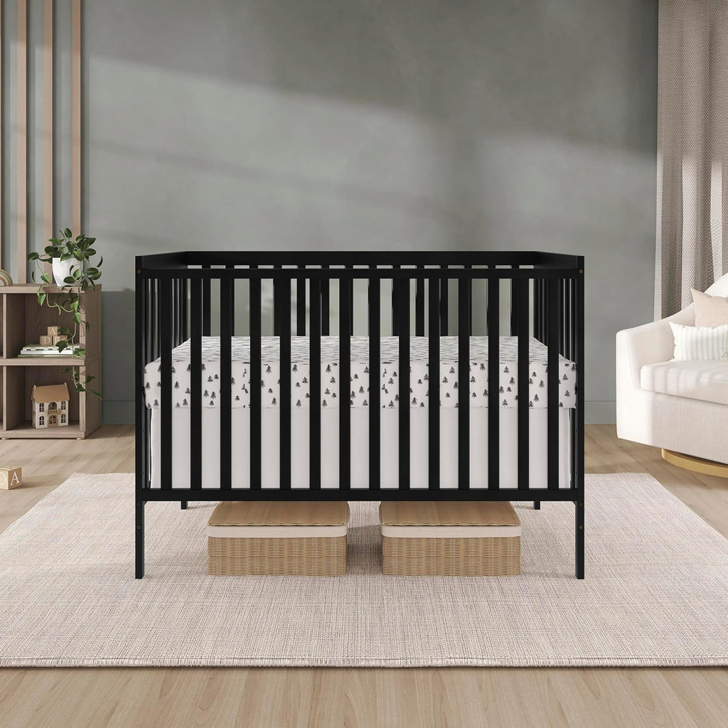 Dream On Me Synergy 5-in-1 Convertible Full-Size Baby Crib with Toddler, Day & Full Bed Conversion in Black, GreenGuard Gold & BSA, 3 Mattress Heights, Sustainable Pinewood