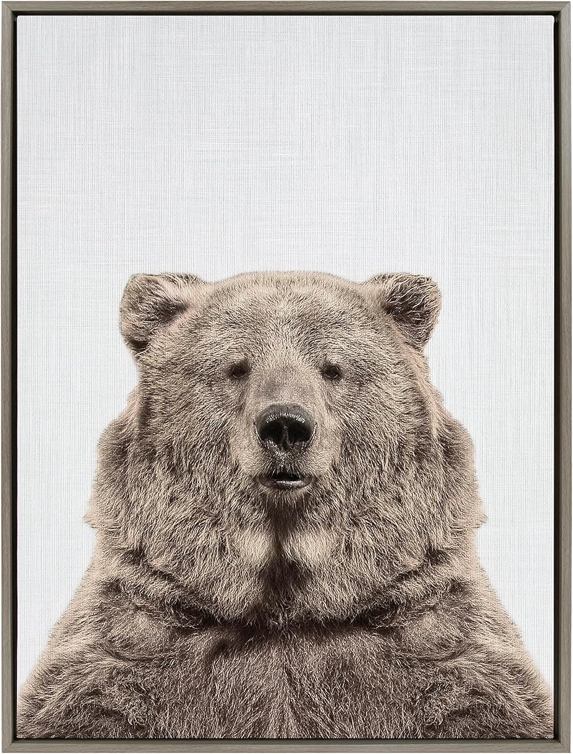 Kate and Laurel Sylvie Bear European Color Framed Canvas Wall Art by Simon Te of Tai Prints; 28x38 Gray; Rustic Animal Wall Decor Art