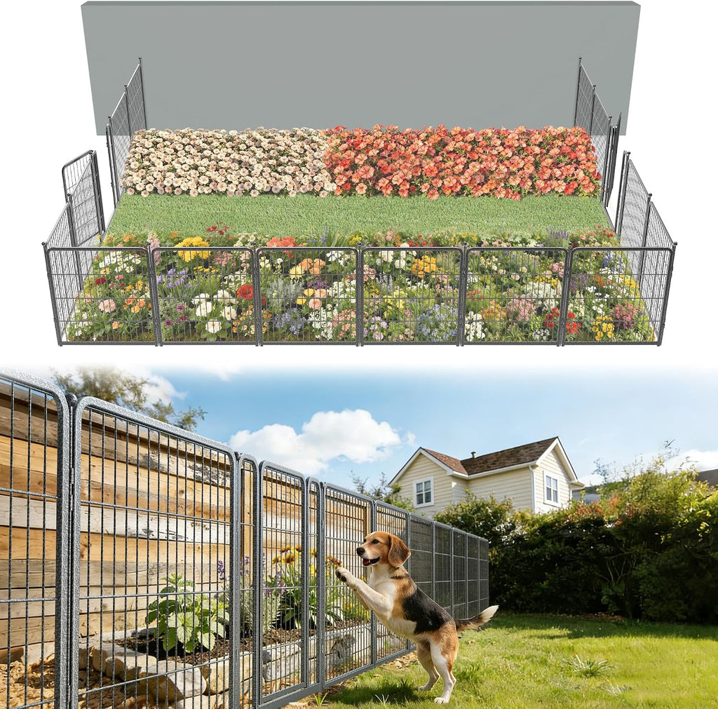 FXW Garden Fence Outdoor for the Yard – 32in(H) x 36.4ft(L) Heavy Duty Metal Animal Barrier for Dog, No Dig Decorative Dog Fence, 16 Panels, Silver