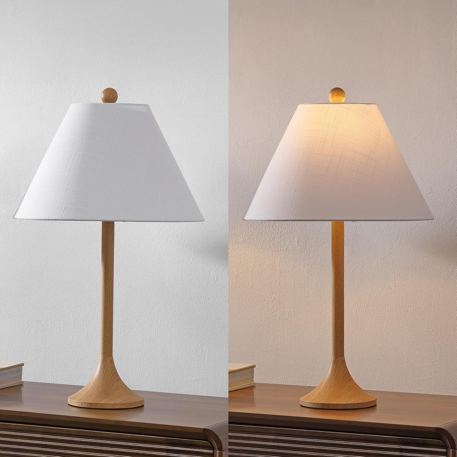 JONATHAN Y 25' Brown Wood Finish Modern Coastal Iron Table Lamp Set of 2, Faux Wood Grain Column Bedside Lamps for Living Room, White Linen Shade, LED Bulbs Included JYL5507A-SET2