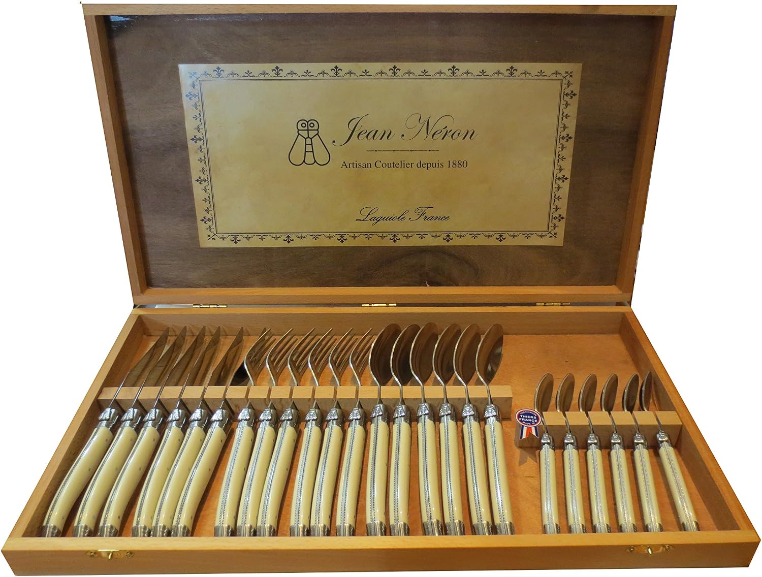 Set of 24 Flatware with Ivory Platine Handles, 6 Forks, 6 Knives, 6 Teaspoons and 6 Tablespoons. In Wooden Box