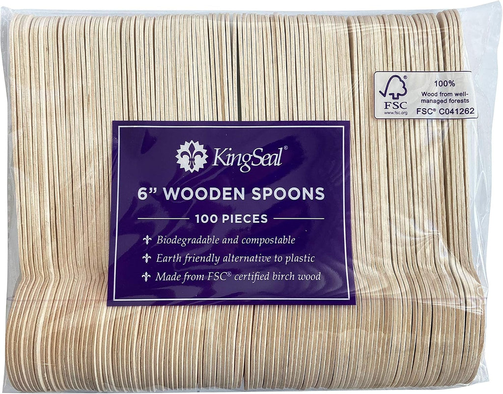 4,000 Count | KingSeal Disposable Birch Wood Cutlery Spoons, Biodegradable and Earth Friendly, 6 Inch Length, Commercial Bulk Pack - 40 Packs x 100 Spoons