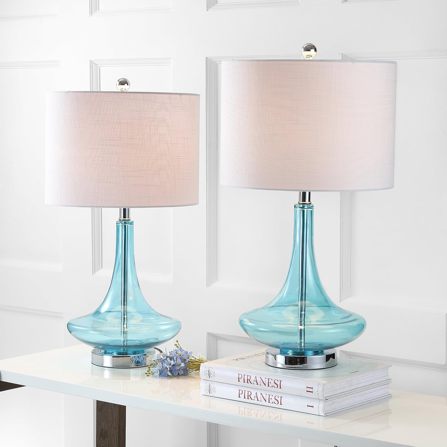 JONATHAN Y 25.5' Aqua/Chrome Glass Teardrop Table Lamp Set of 2 for Bedroom, Modern Bedside Lamps for Living Room, White Linen Drum Shade, LED Bulbs Included (JYL1081B-SET2)