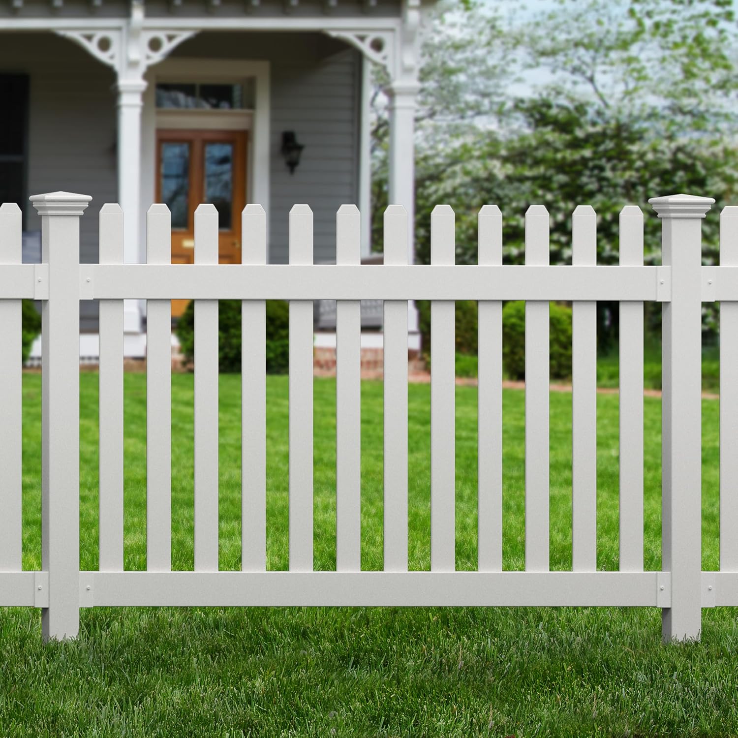 3.5ft H x 6ft W (1 Panel + 1 Post) No Dig WamBam All American Flat Top Fence Kit, White Vinyl Picket Fence, Easy Install Outdoor Barrier for Backyard or Patio, DIY Decorative Garden Border, ZP19084