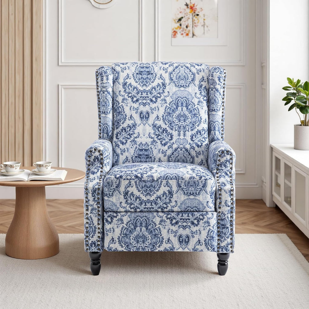 Pushback Recliner Chair, Floral Fabric Wingback Recliner Chair, Upholstered Rivet Trim Armchair Push Back Recliner Accent Chair for Small Spaces, Living Room, Navy