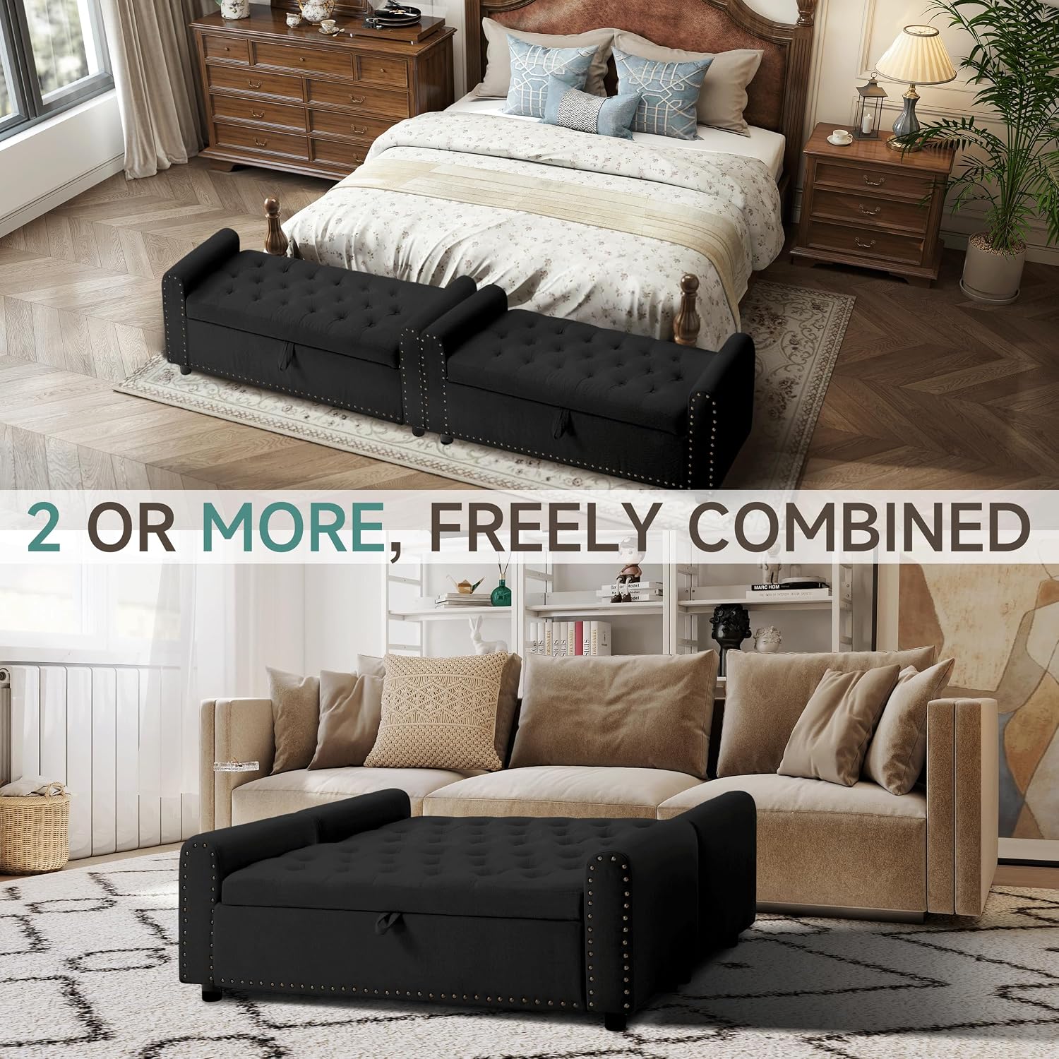 Ottoman with Storage, Tufted Storage Bench for Bedroom, 48' Fabrics End of Bed Bench, Upholstered Entryway Shoe Benches with Rolled Arm & Inner Zipper, Window Ottomans Chest with Rivets, Black