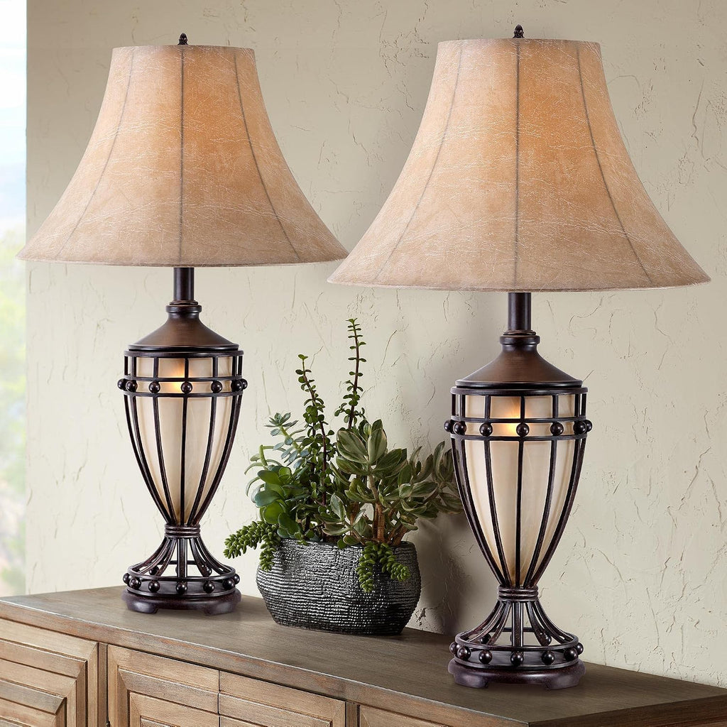 Franklin Iron Works Cardiff Traditional Rustic Urn-Shaped Table Lamps 33' Tall Set of 2 with Nightlight Brushed Iron Cage Champagne Glass Beige Fabric Bell Shade for Living Room Bedroom House