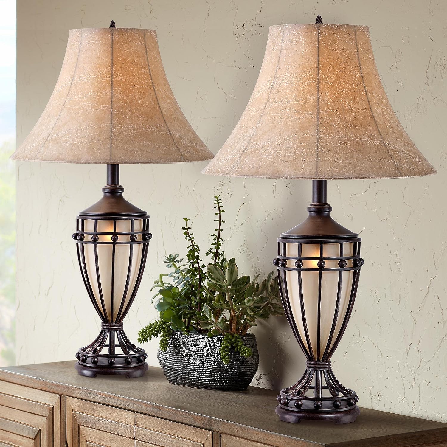 Franklin Iron Works Cardiff Traditional Rustic Urn-Shaped Table Lamps 33' Tall Set of 2 with Nightlight Brushed Iron Cage Champagne Glass Beige Fabric Bell Shade for Living Room Bedroom House