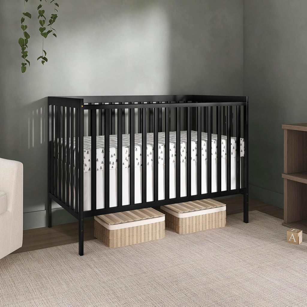 Dream On Me Synergy 5-in-1 Convertible Full-Size Baby Crib with Toddler, Day & Full Bed Conversion in Black, GreenGuard Gold & BSA, 3 Mattress Heights, Sustainable Pinewood