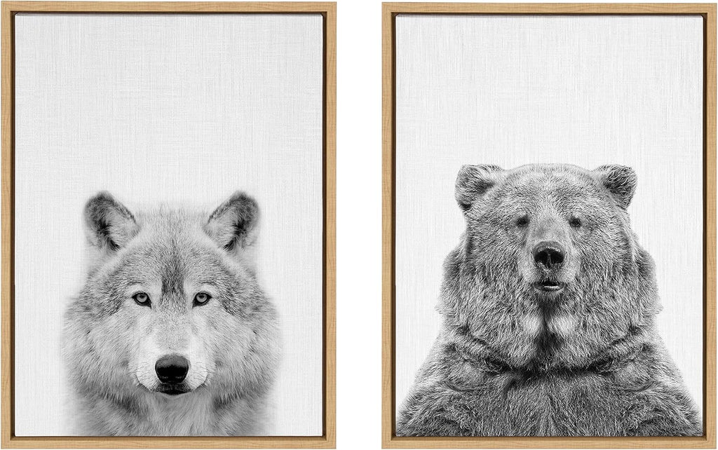 Kate and Laurel Sylvie Wolf and Bear European Framed Canvas Wall Art Set by Simon Te of Tai Prints; 2 piece 18x24 Natural; Modern Nature Animals Art for Wall Home Decor