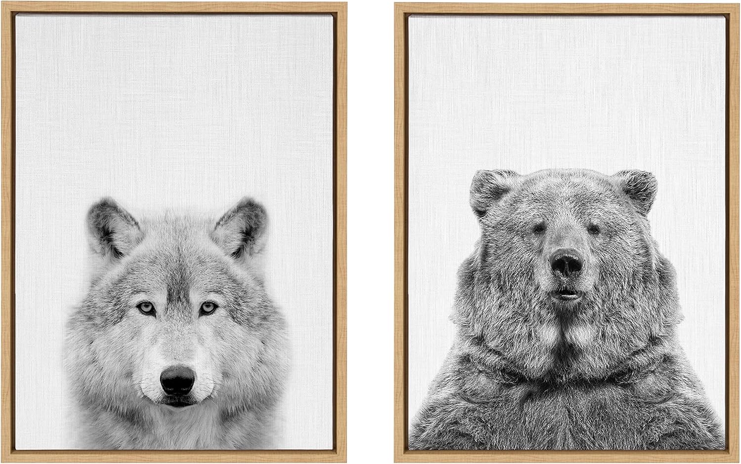 Kate and Laurel Sylvie Wolf and Bear European Framed Canvas Wall Art Set by Simon Te of Tai Prints; 2 piece 18x24 Natural; Modern Nature Animals Art for Wall Home Decor