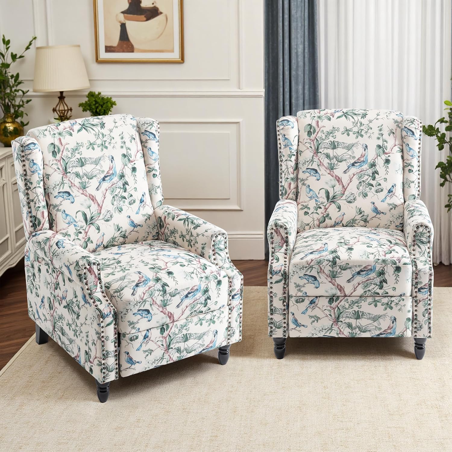 Pushback Recliner Chair, Floral Fabric Wingback Recliner Chair, Upholstered Rivet Trim Armchair Push Back Recliner Accent Chair for Small Spaces, Living Room, Bird
