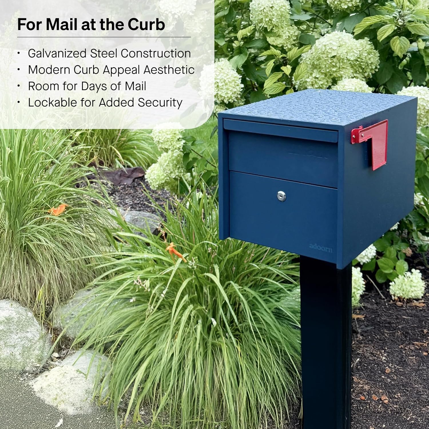 Adoorn Lockable Post Mount Mailboxes for Outside - Small Anti-Theft Locking Mailbox for Packages and Letters - Weatherproof Construction - Durable Steel - 12' H x 12' W x 18.5' D - Navy