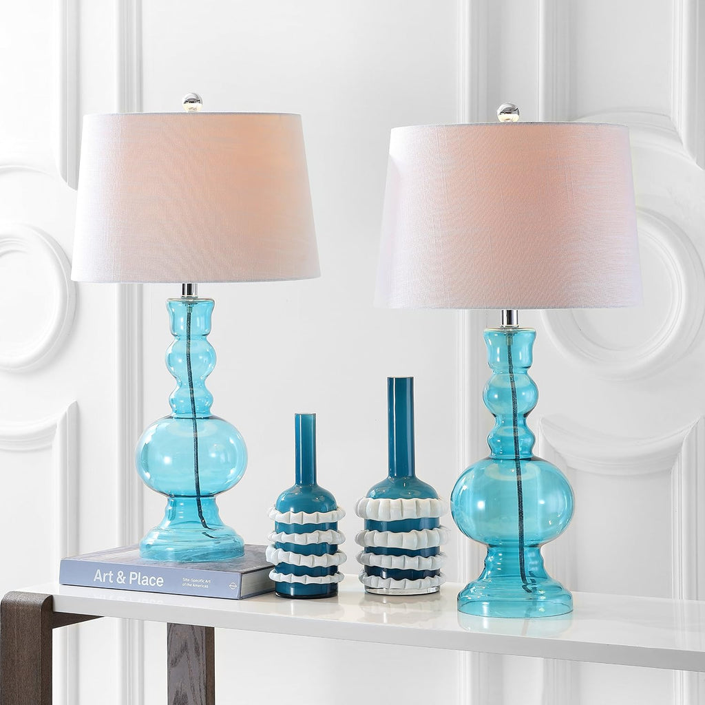 JONATHAN Y 28.5' Blue Glass Table Lamp Set of 2 for Living Room Bedroom Decor, Modern Bedside Lamps with White Linen Shade, LED Bulbs Included JYL1061A-SET2